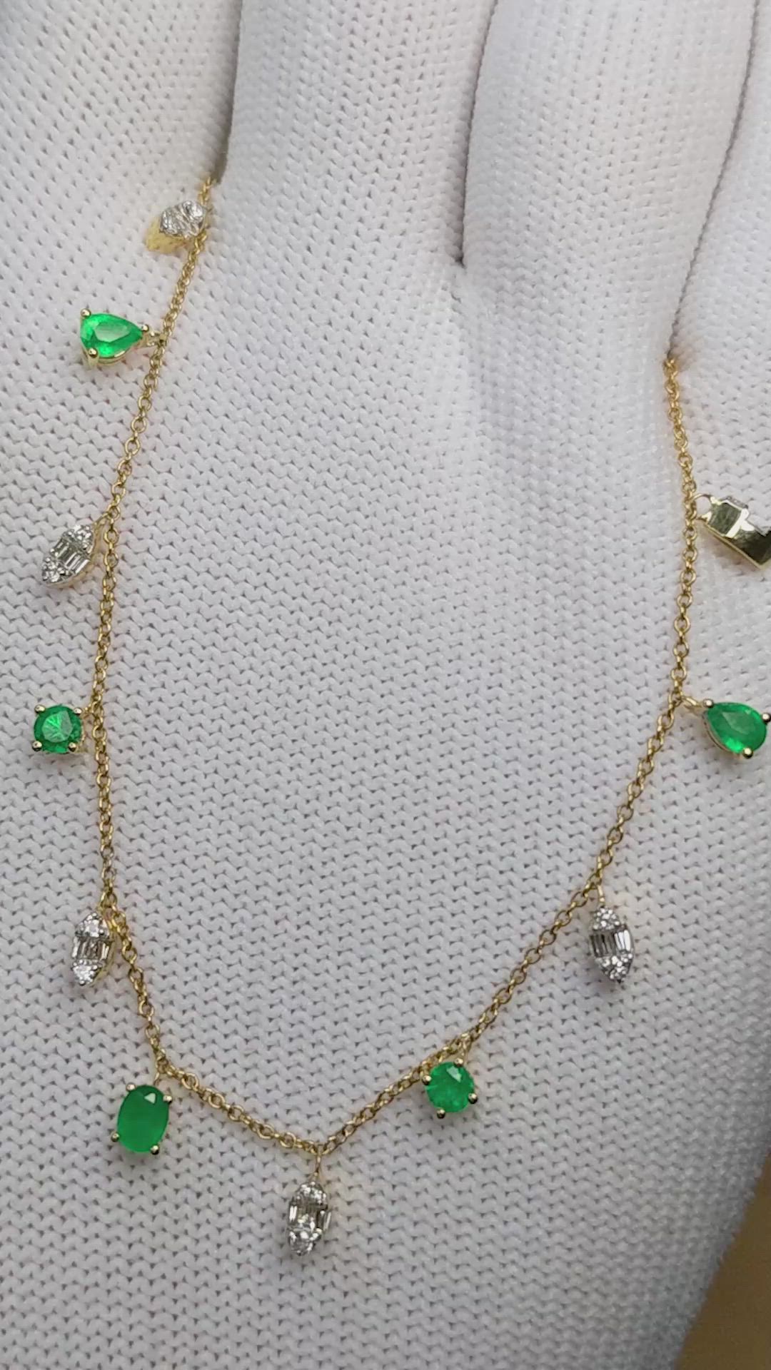 0.70 Ct. Emerald and Natural Diamond Accent Stones Necklace, 14K Yellow Gold Size Video