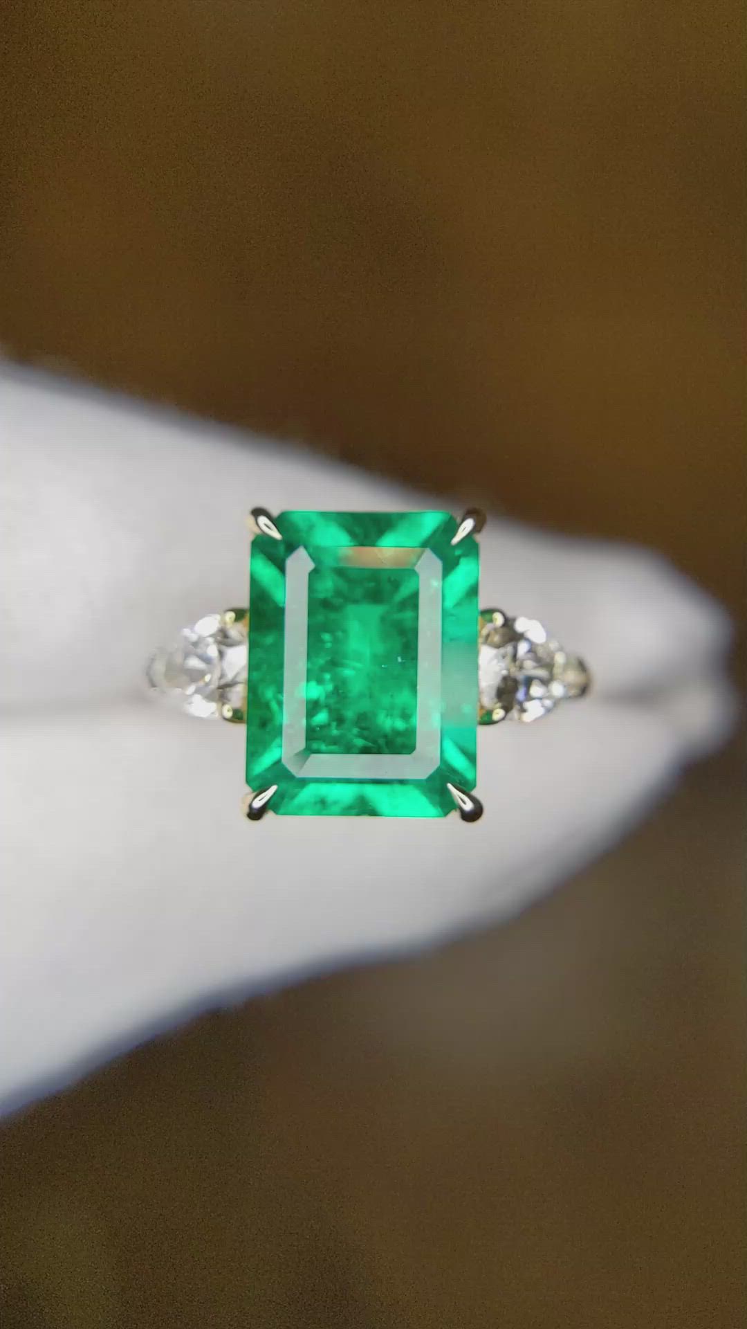 5.13 Ct. Emerald Natural Diamond Three Stone Ring, 18K White & Yellow Size Video