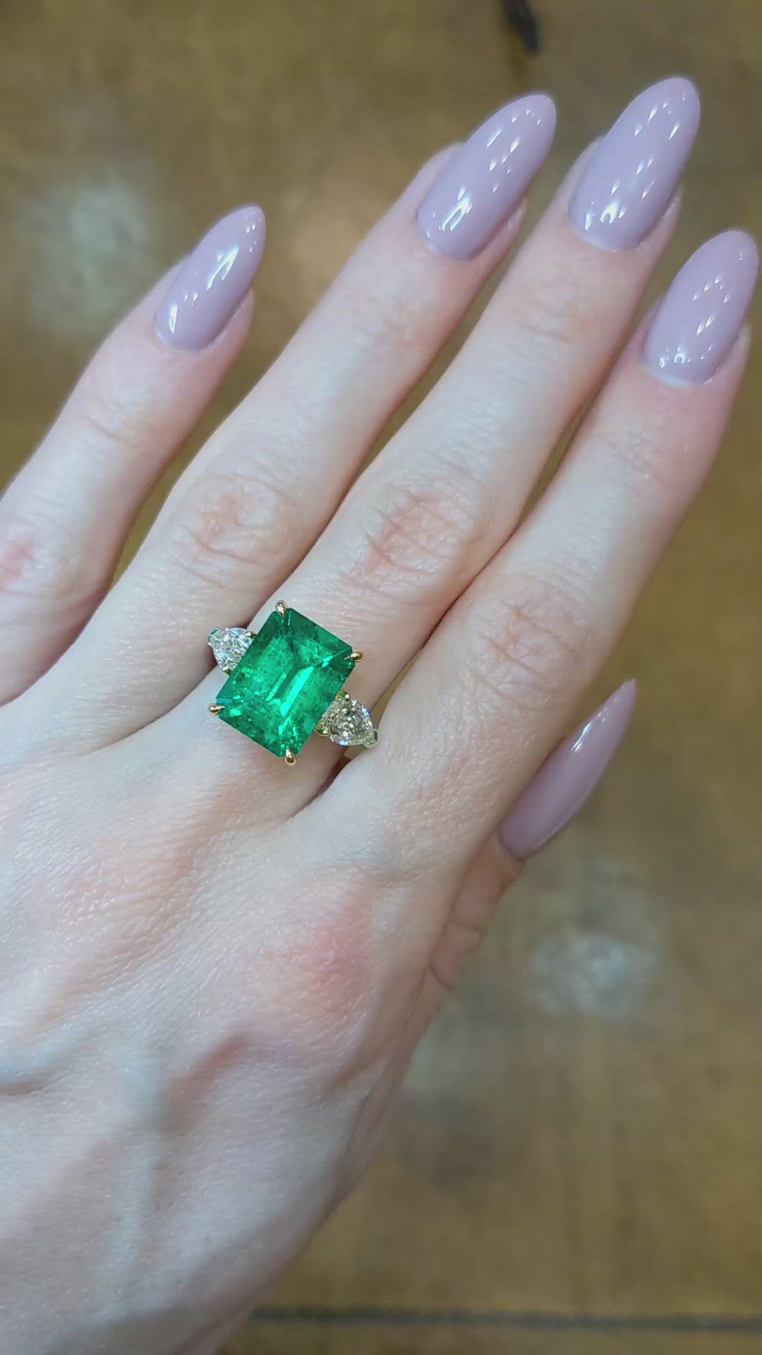 5.13 Ct. Emerald Natural Diamond Three Stone Ring, 18K White & Yellow Size Video