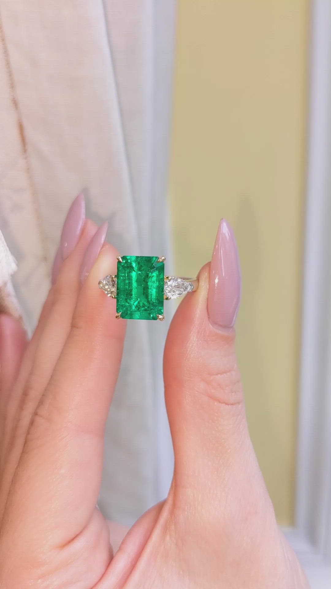 5.13 Ct. Emerald Natural Diamond Three Stone Ring, 18K White & Yellow Size Video