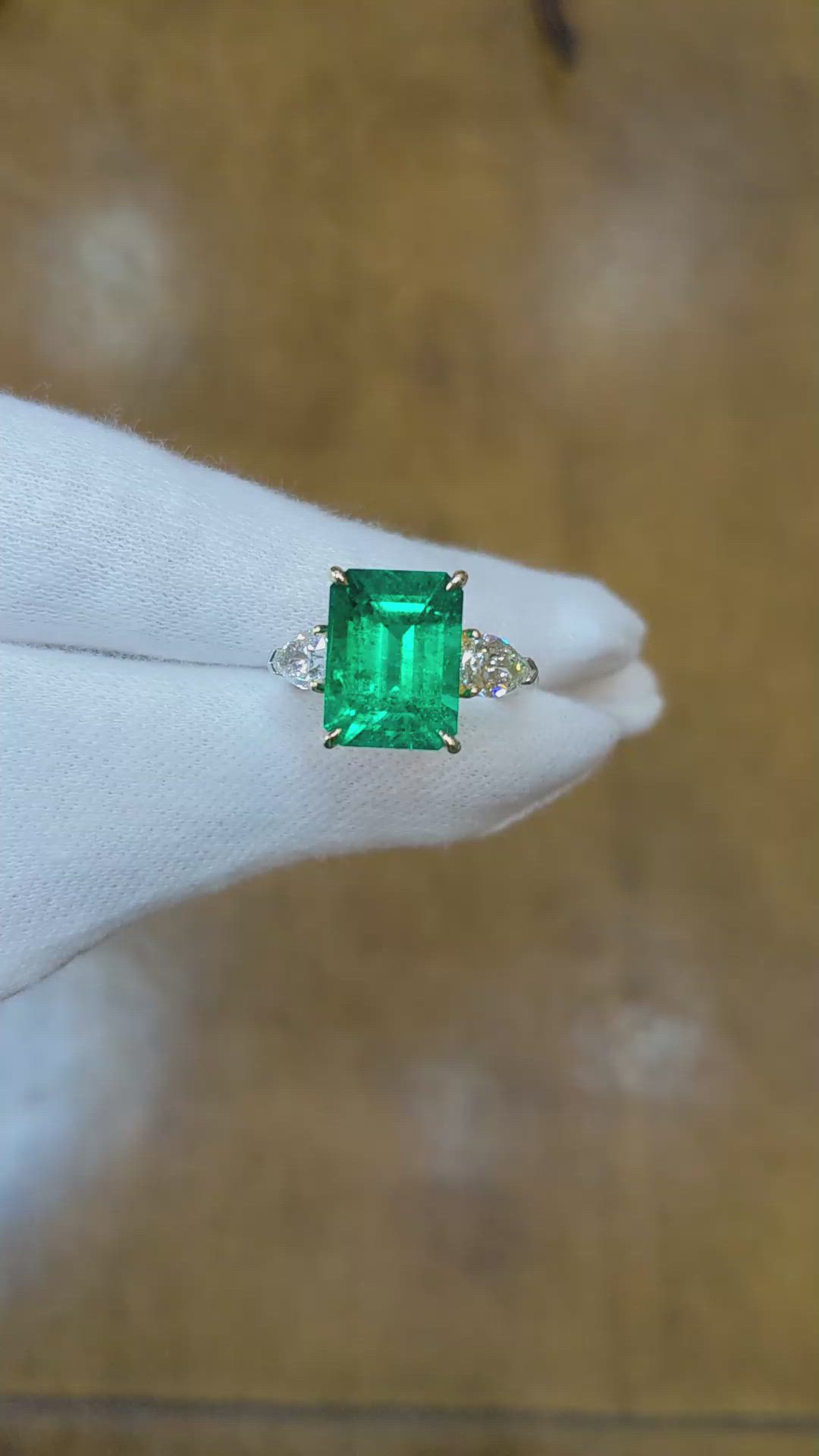 5.13 Ct. Emerald Natural Diamond Three Stone Ring, 18K White & Yellow Size Video
