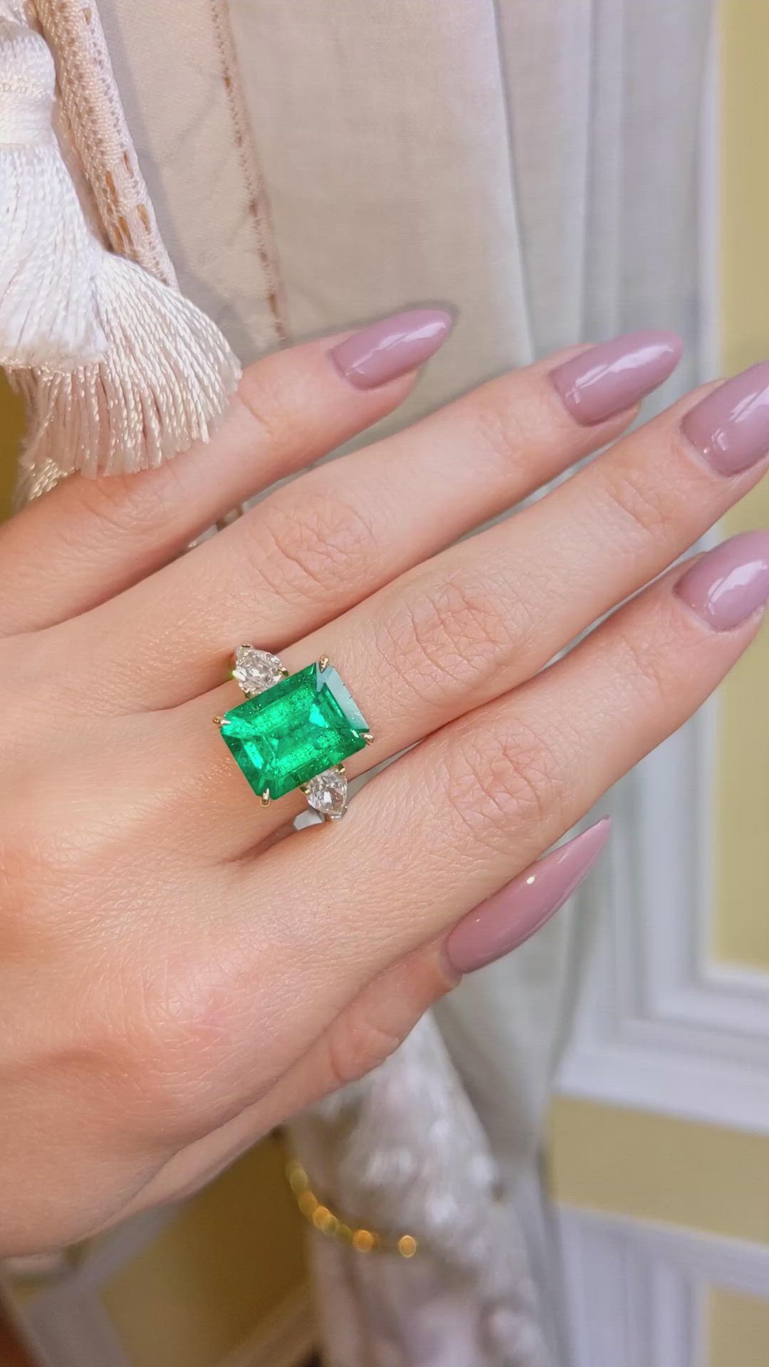 5.13 Ct. Emerald Natural Diamond Three Stone Ring, 18K White & Yellow Size Video