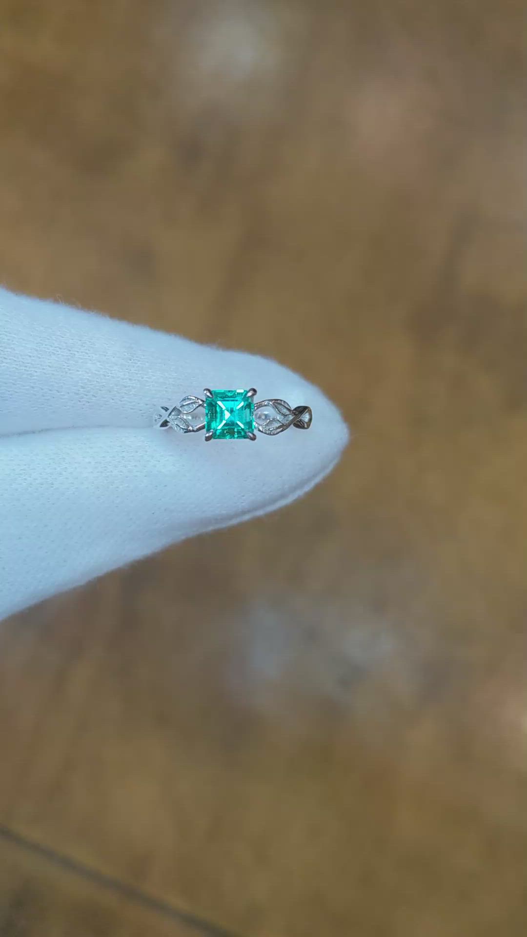 0.67 Ct. Emerald Floral Ring, 18K White Gold Size Video