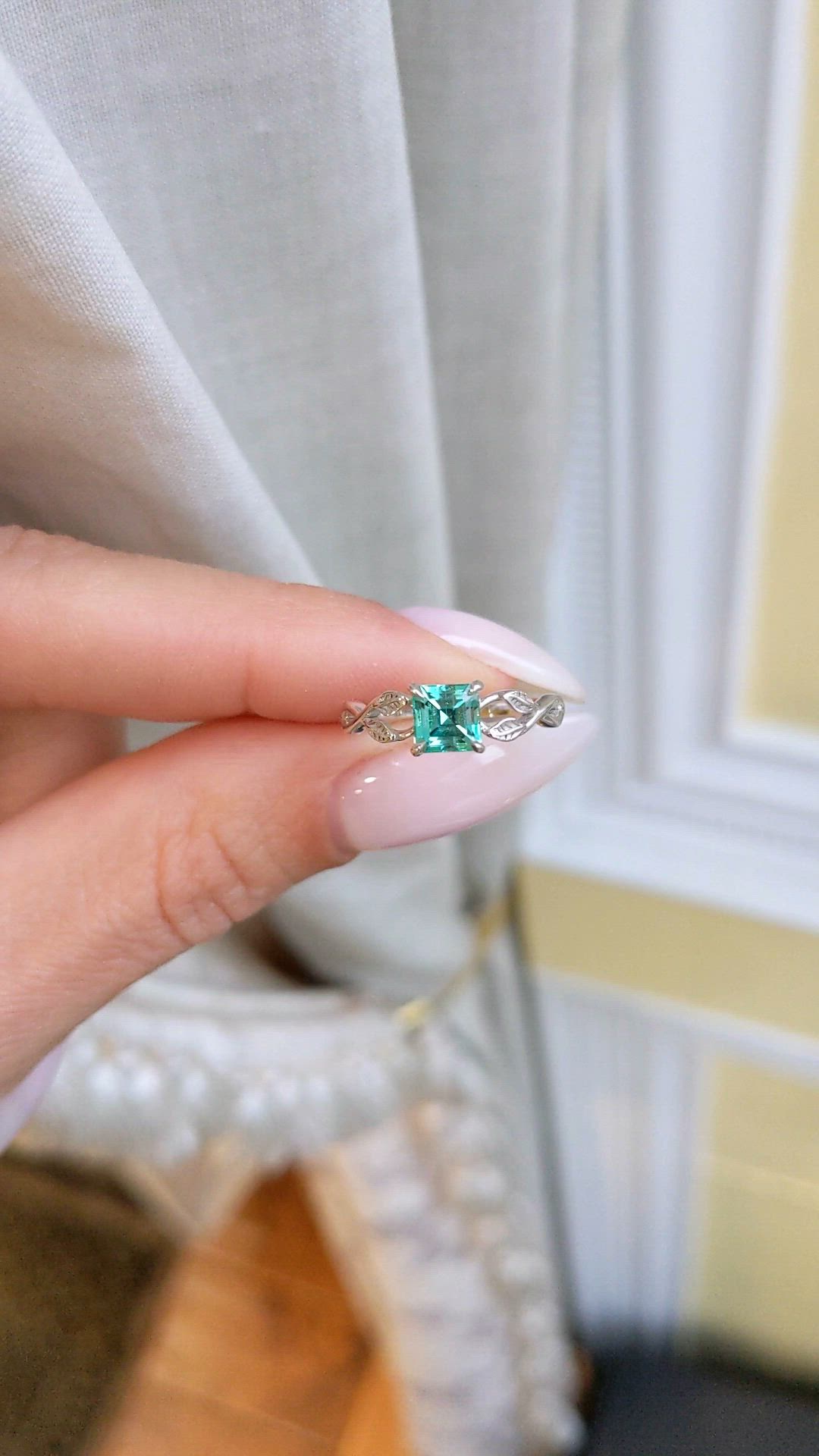 0.67 Ct. Emerald Floral Ring, 18K White Gold Size Video