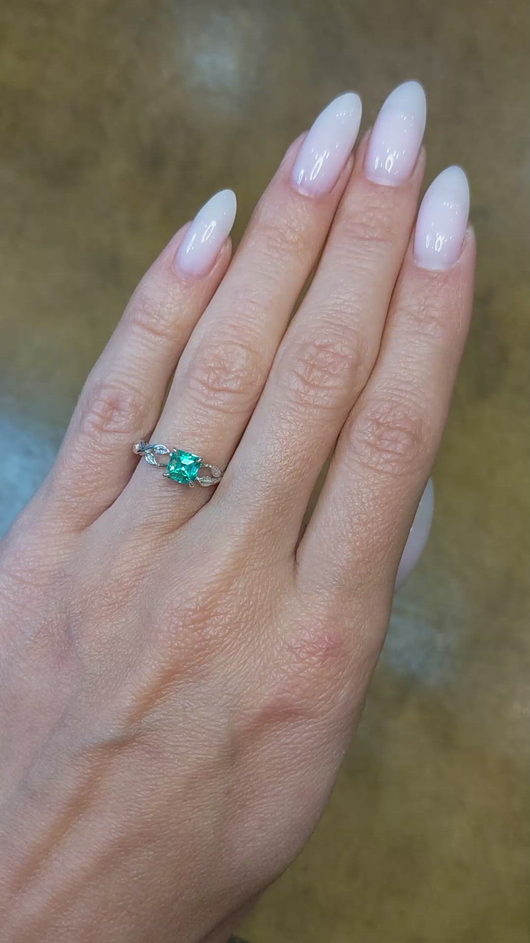 0.67 Ct. Emerald Floral Ring, 18K White Gold Size Video