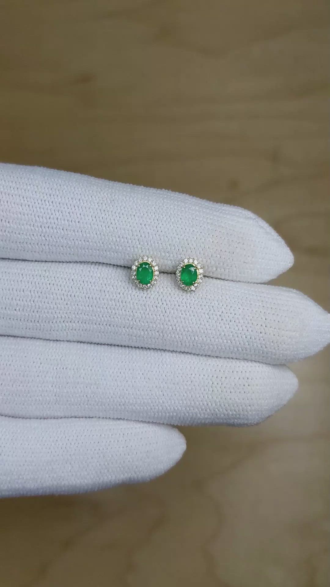 0.34 Ct.Tw. Emerald Natural Diamond Studs Earrings, 14K Yellow Gold Size Video