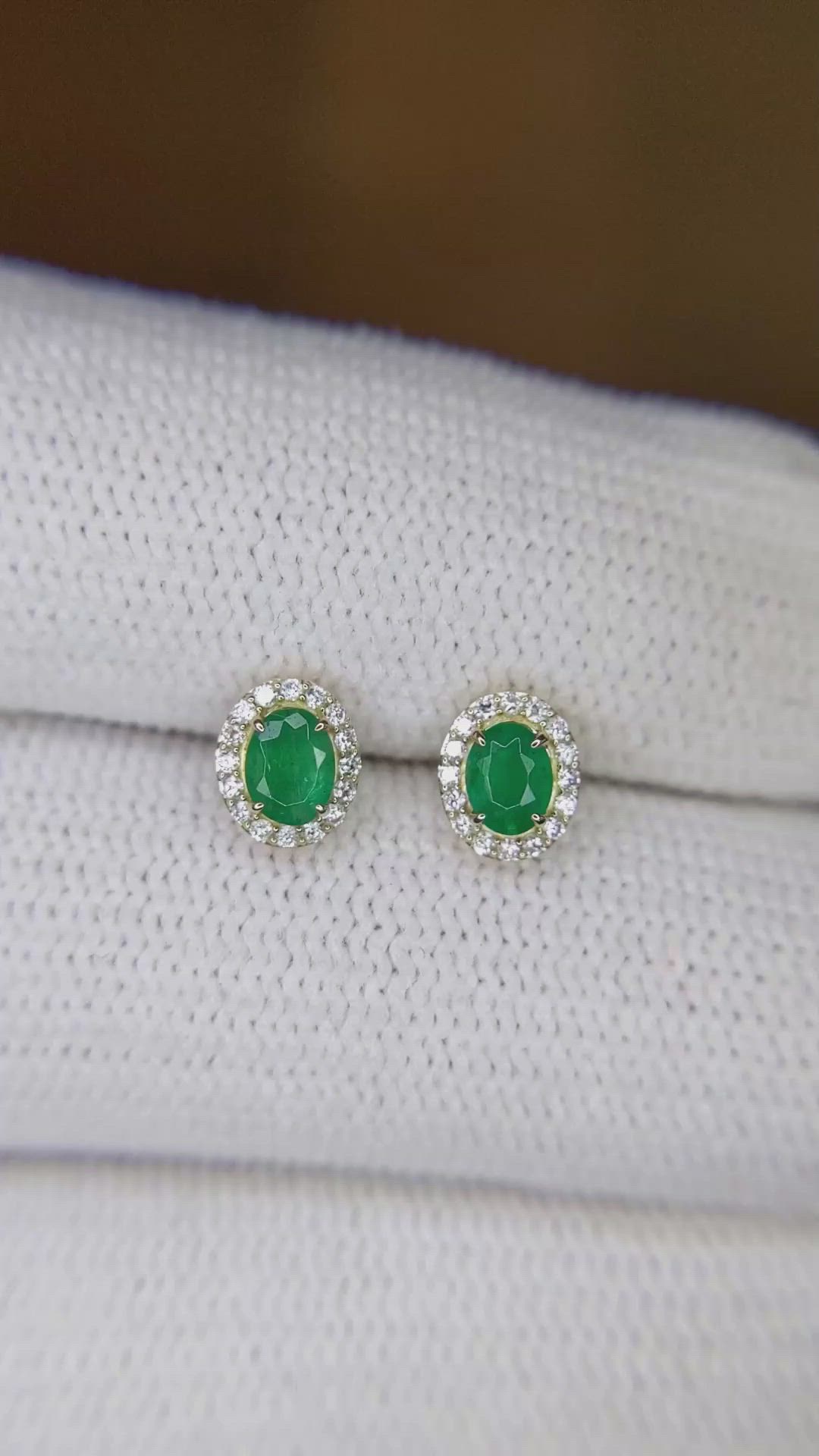 0.34 Ct.Tw. Emerald Natural Diamond Studs Earrings, 14K Yellow Gold Size Video