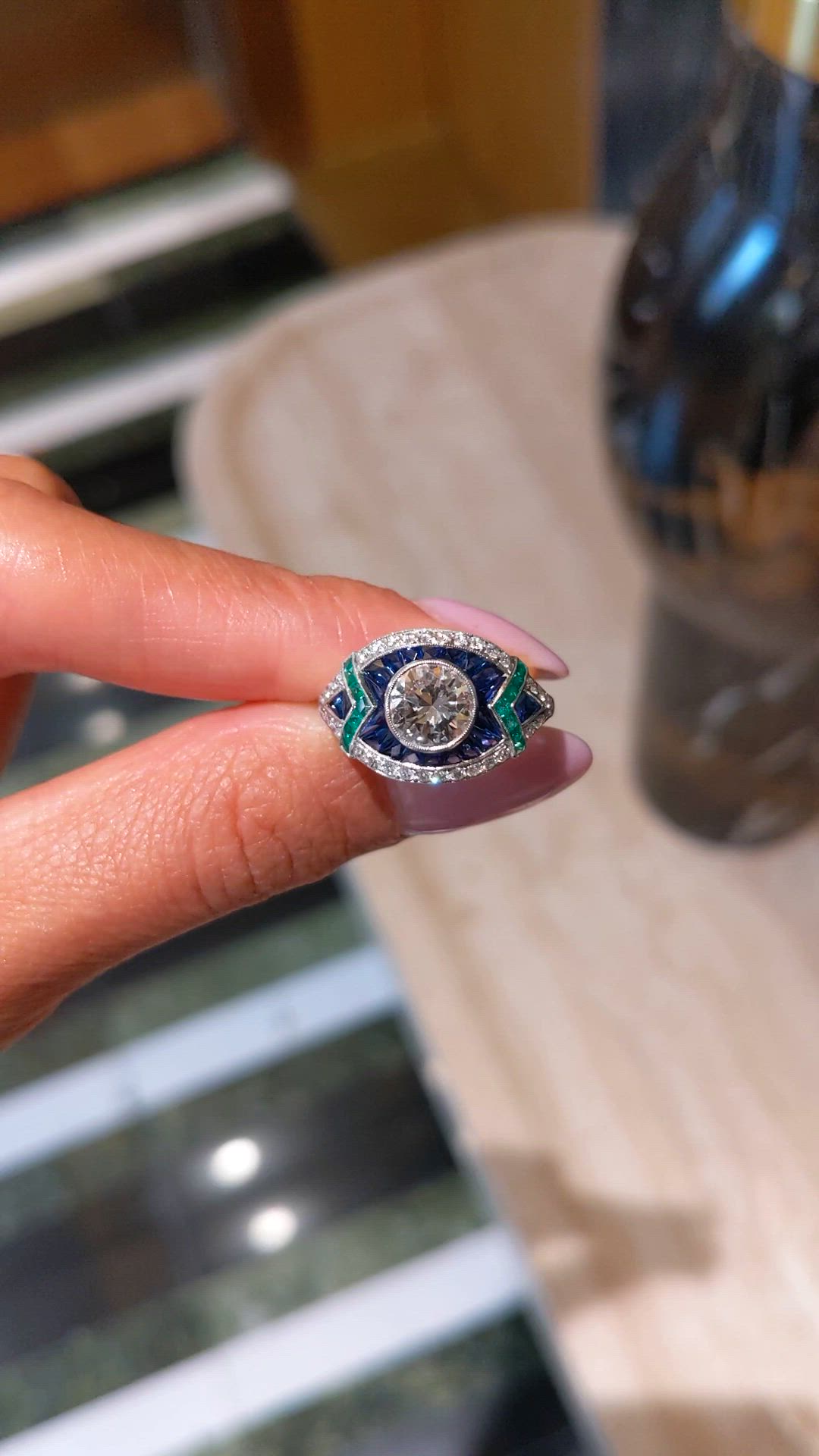 1.91 Ct.Tw.Total Carat Weight Natural Diamond, Blue Sapphire and Emerald Pave Ring, Platinum 950 Size Video