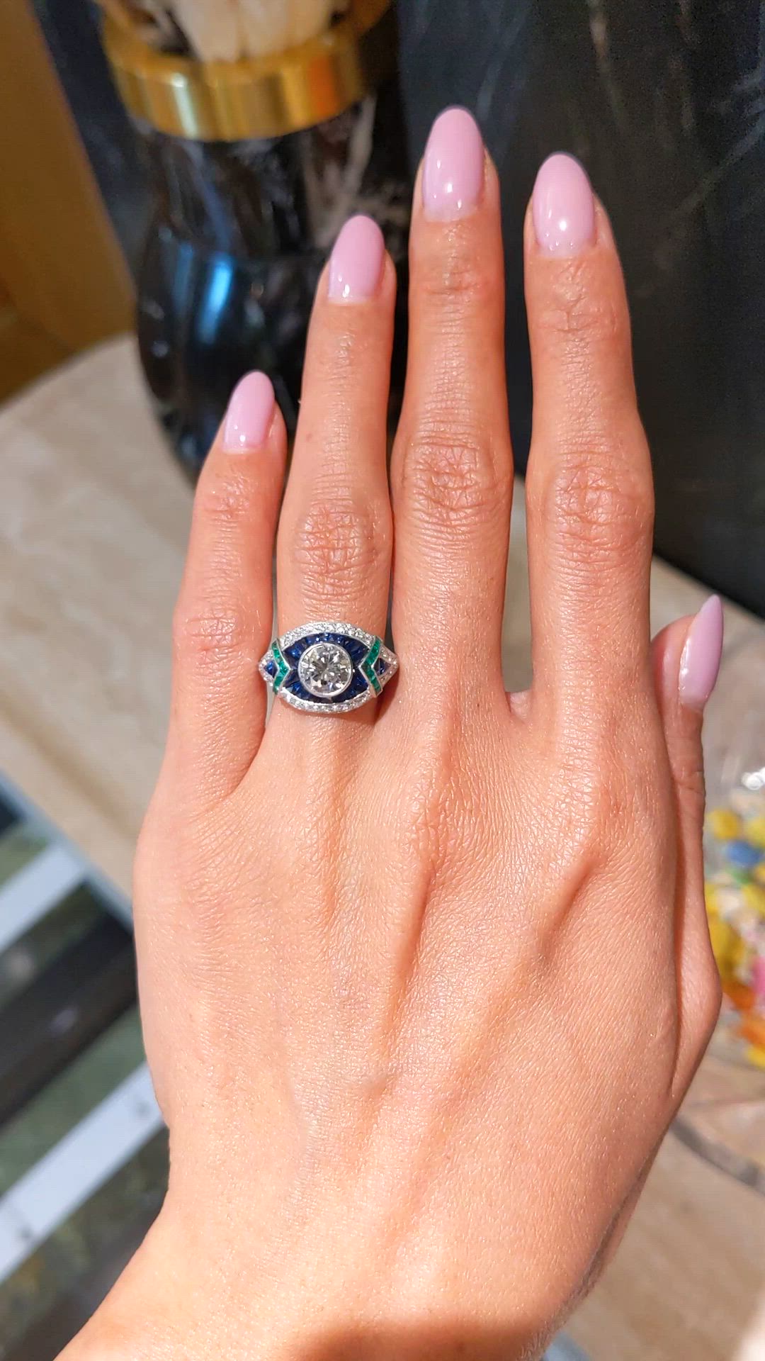 1.91 Ct.Tw.Total Carat Weight Natural Diamond, Blue Sapphire and Emerald Pave Ring, Platinum 950 Size Video